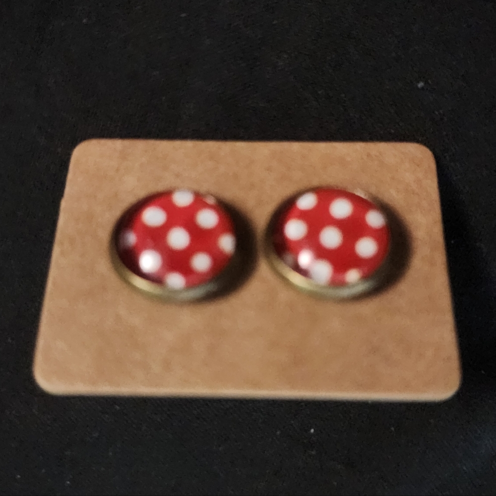 Brand New, Retro, Red with White Polka Dot Stud Earrings